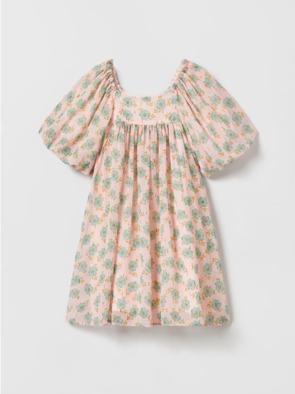 Zara Kids Pink Floral Puff-Sleeve Dress with Green Accents